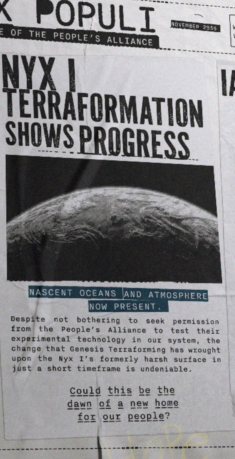 Image: The newspaper Vox Populi from Levski questions the terraformation of Nyx I as a new home.