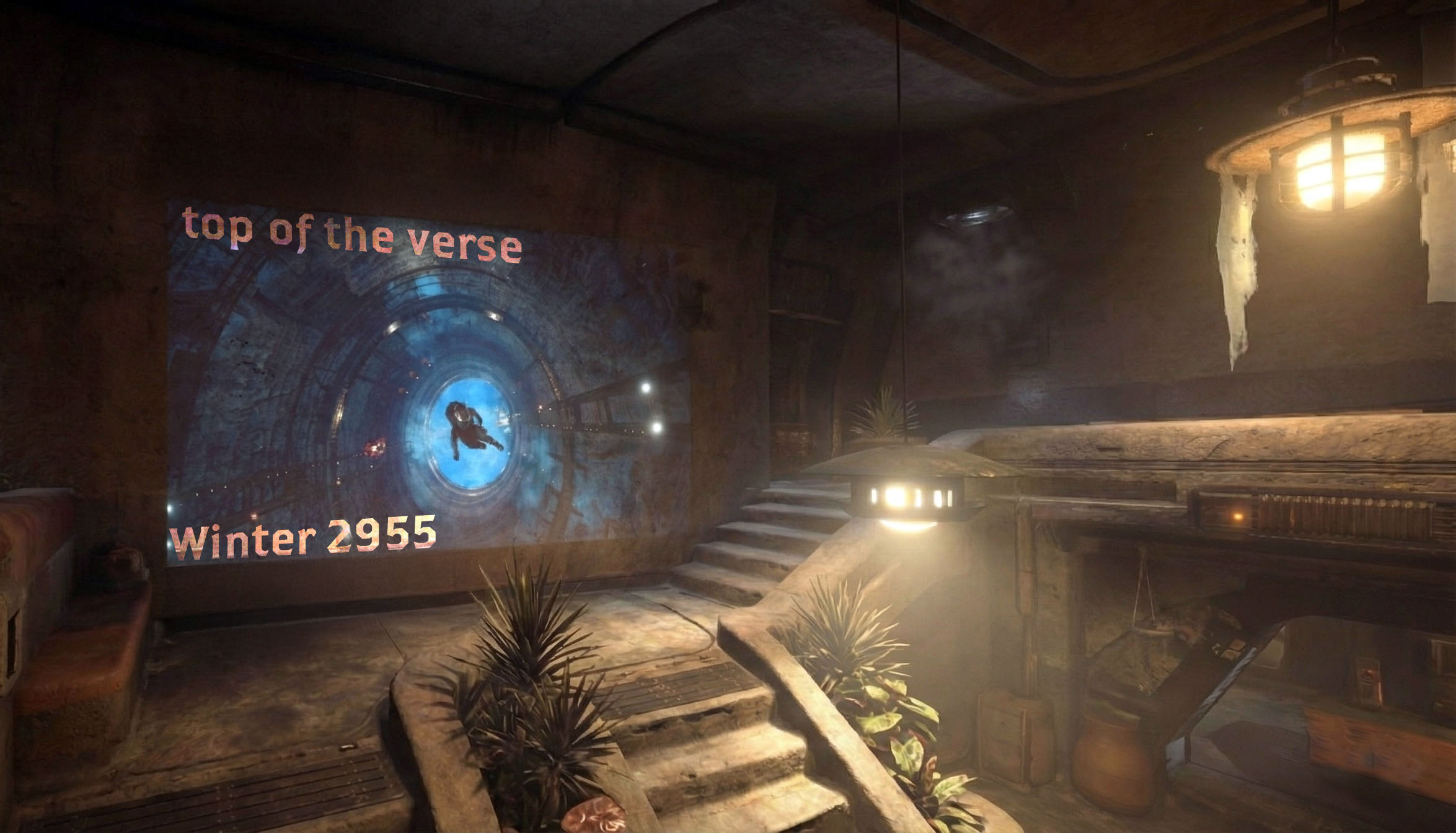 Featured Image: The name of the magazine and its cover image is projected onto the interior wall of a dusty pyro settlement.
